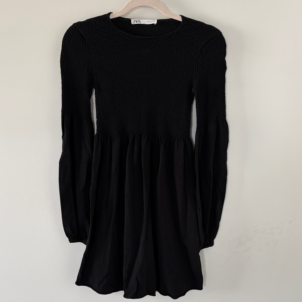 Zara Black Long-Sleeve Smocked Dress